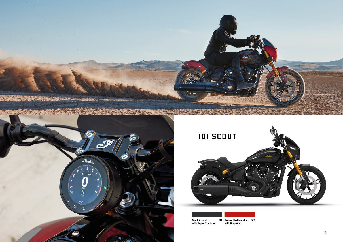 A man riding a motorcycle on a dirt road. A 100 Scout motorcycle is shown in a side view. AI generated content